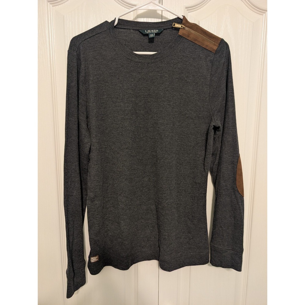 LAUREN RALPH LAUREN LONG SLEEVE GREY TOP WITH LEATHER ACCENTS SIZE LARGE